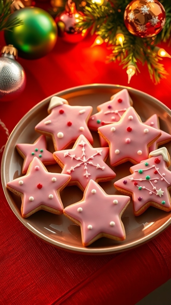 Cute pink Christmas cookies in star and tree shapes, decorated with icing and sprinkles on a festive table.
